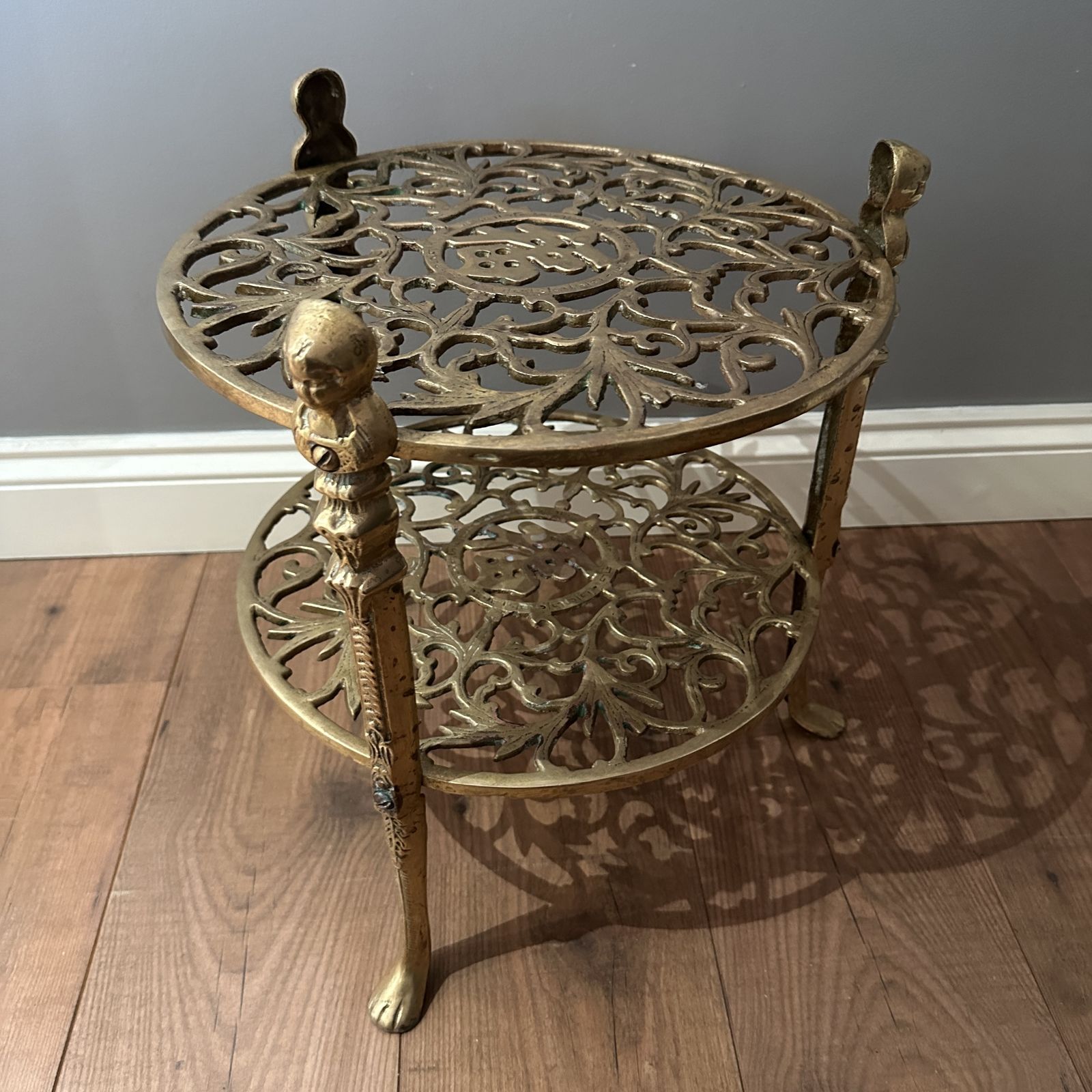 Vintage Ornate Brass 2 Tier Jardiniere Plant Stand Side Table Lion Claw Cherubs photo furniture