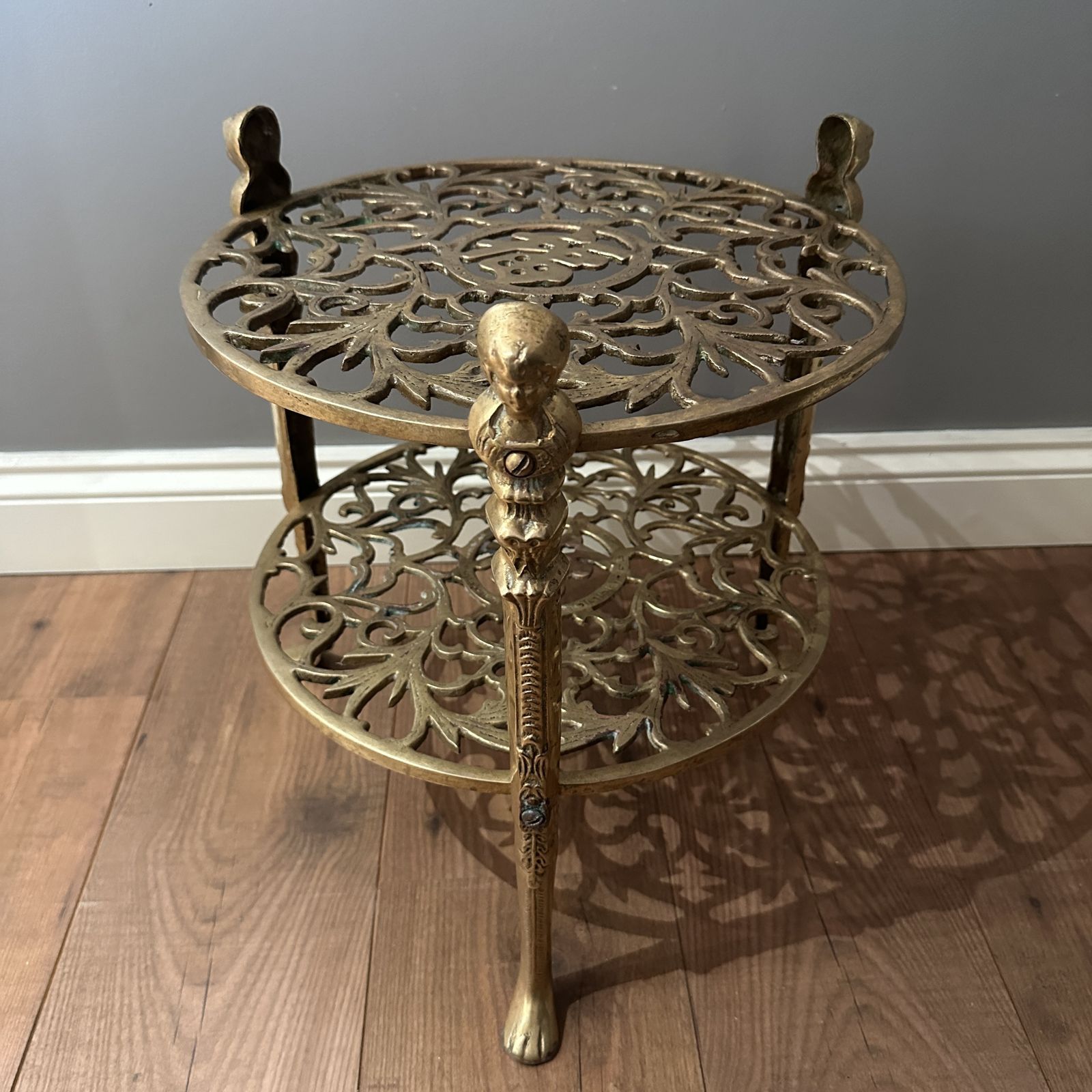 Vintage Ornate Brass 2 Tier Jardiniere Plant Stand Side Table Lion Claw Cherubs photo for sale