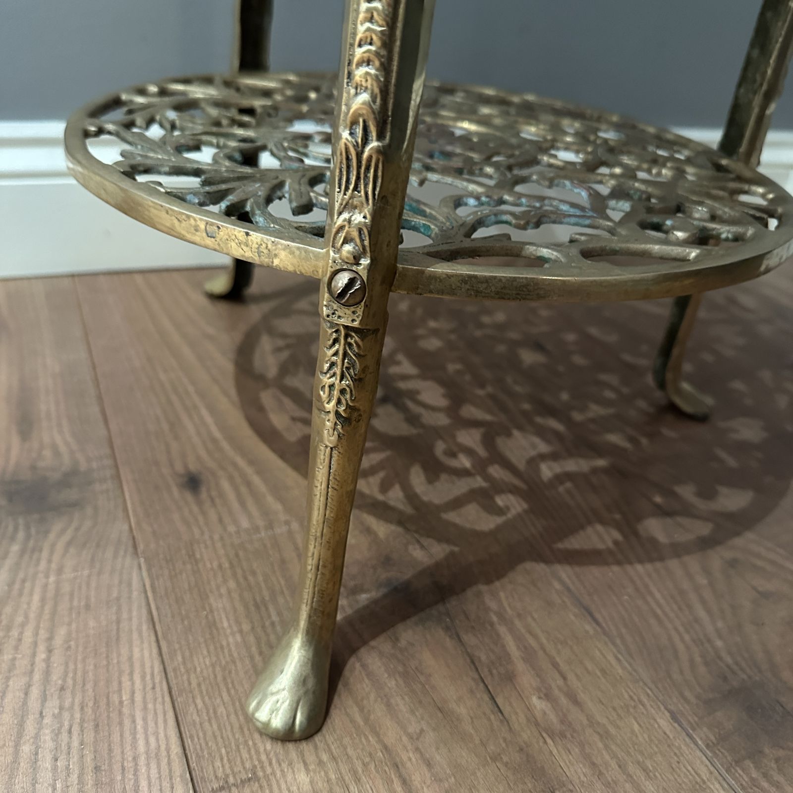 photo buy Vintage Ornate Brass 2 Tier Jardiniere Plant Stand Side Table Lion Claw Cherubs