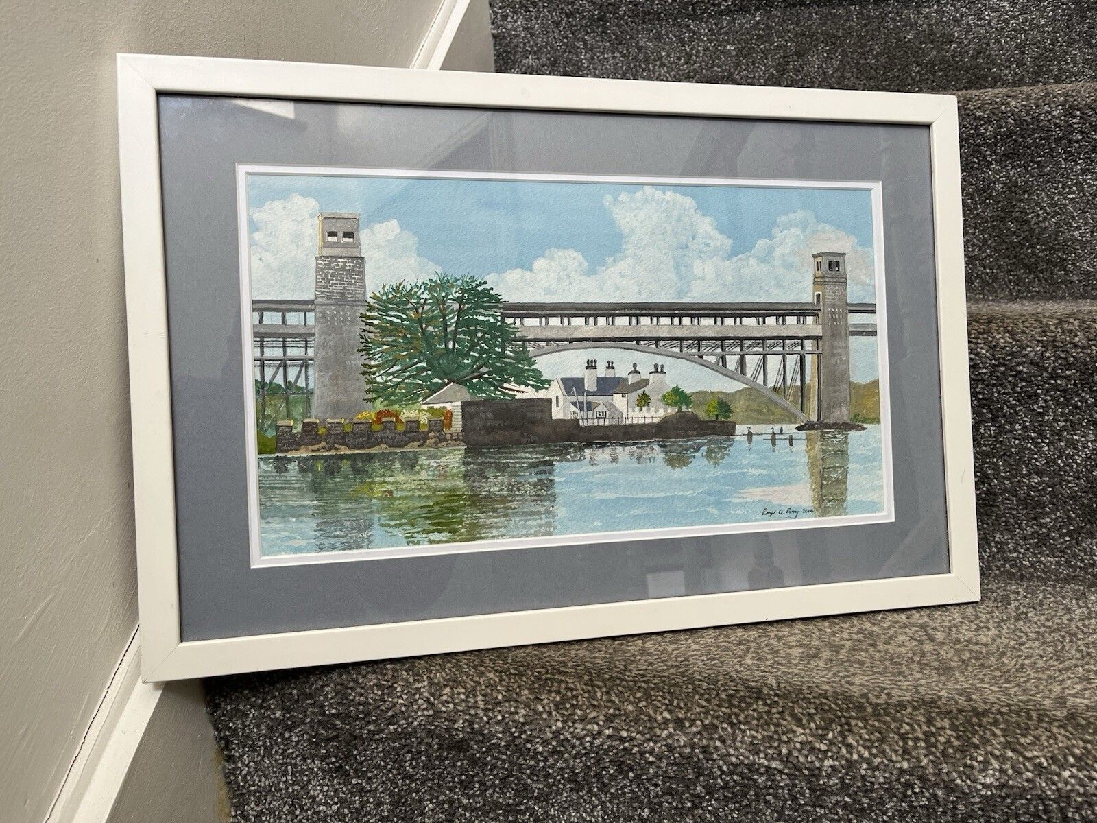 Original Framed Watercolour Painting Britannia Bridge Menai Straits Anglesey