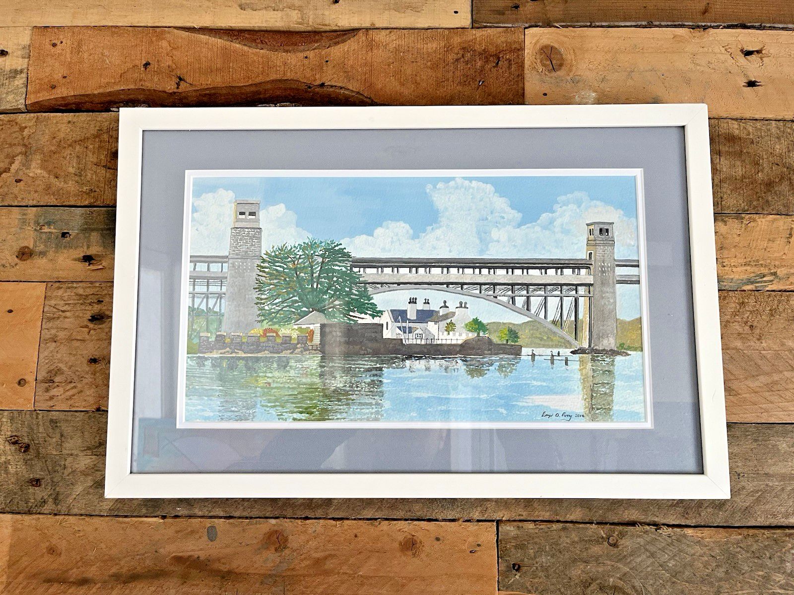 Art Original Framed Watercolour Painting Britannia Bridge Menai Straits Anglesey photo