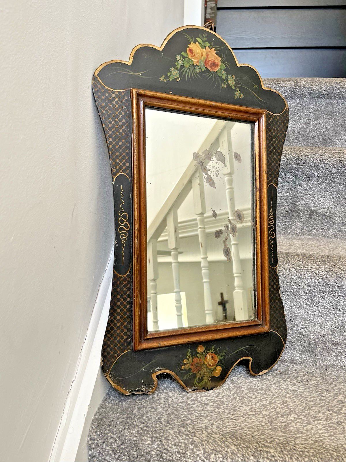 Antique C1890 Aesthetic Movement Lacquered Papier Mache Floral Black Gold Mirror photo furniture