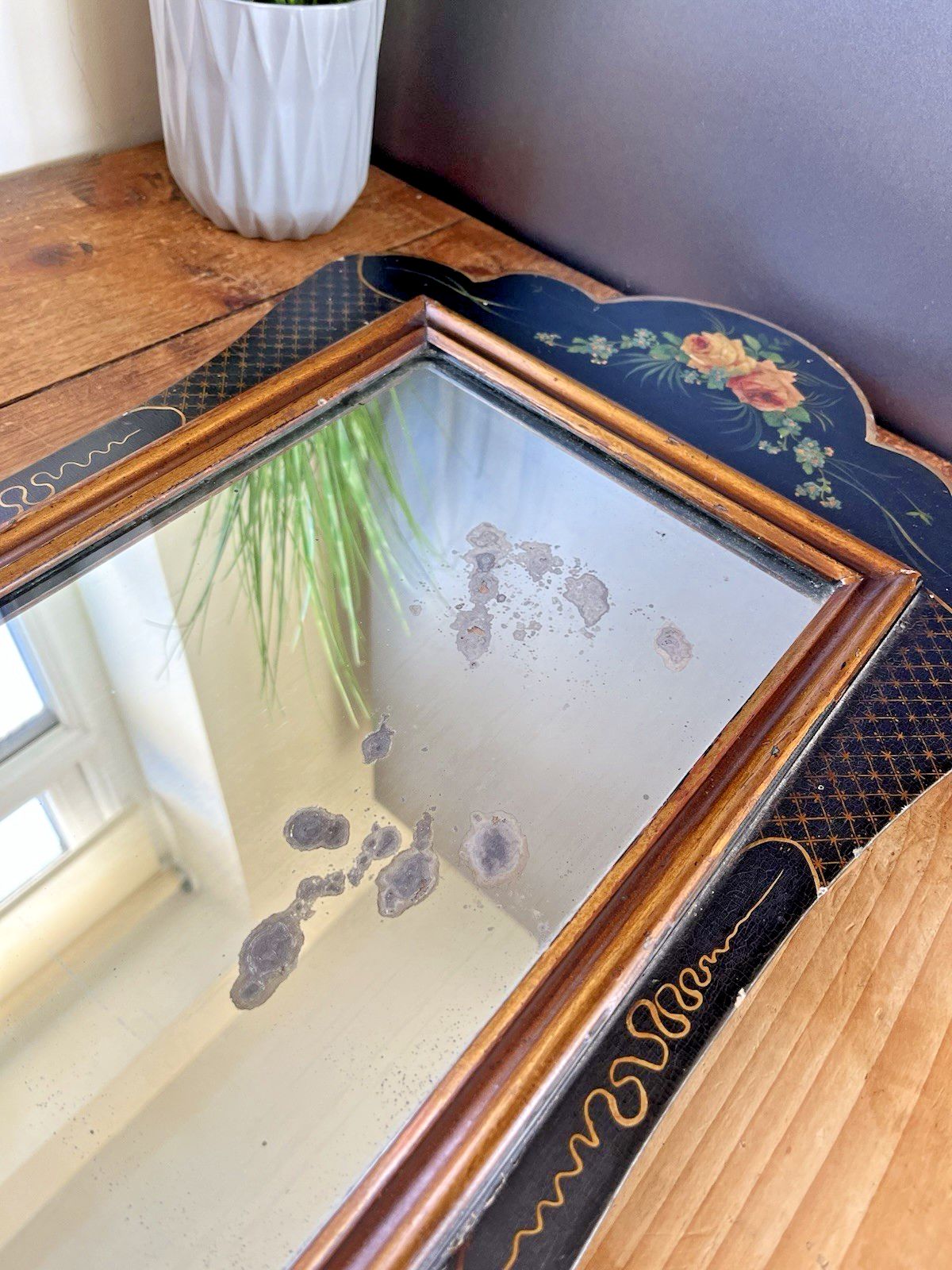 Antique C1890 Aesthetic Movement Lacquered Papier Mache Floral Black Gold Mirror photo vinterior
