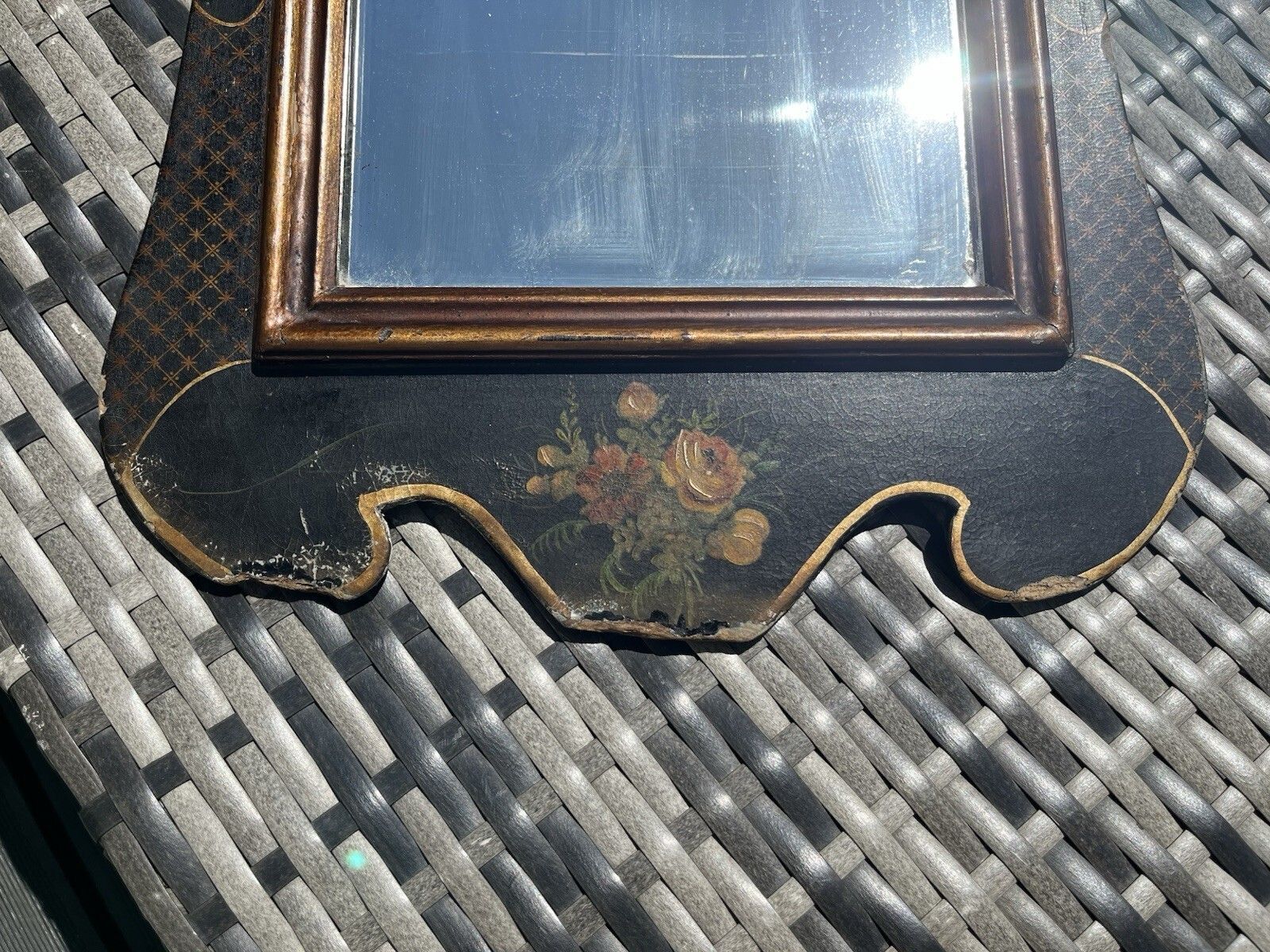 photo buy Antique C1890 Aesthetic Movement Lacquered Papier Mache Floral Black Gold Mirror