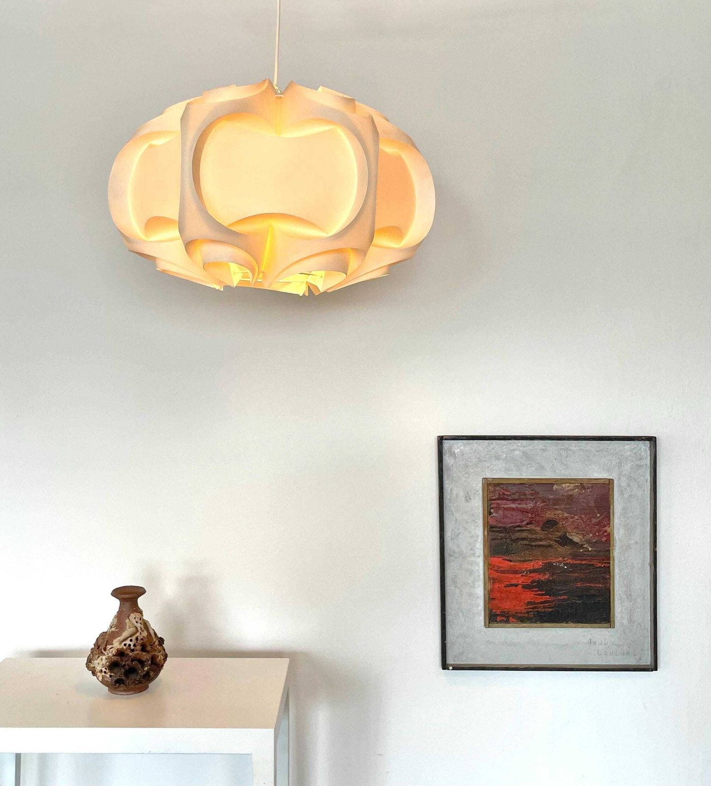 Abstract Original Danish Mid Century Oil On Plate Painting By Poul Laulund From The 1970s In Red Nuances And Silver Details photo furniture