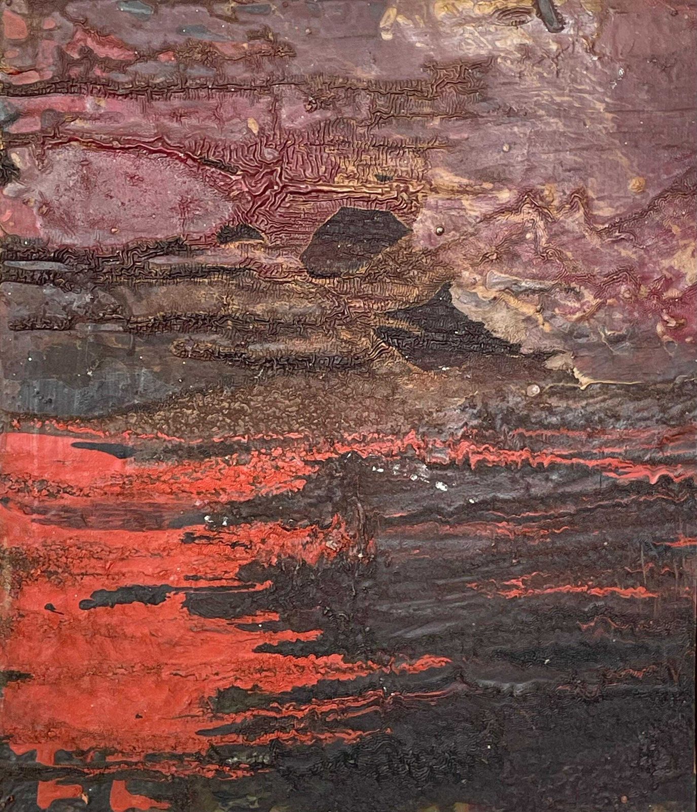 Abstract Original Danish Mid Century Oil On Plate Painting By Poul Laulund From The 1970s In Red Nuances And Silver Details photo 273.0