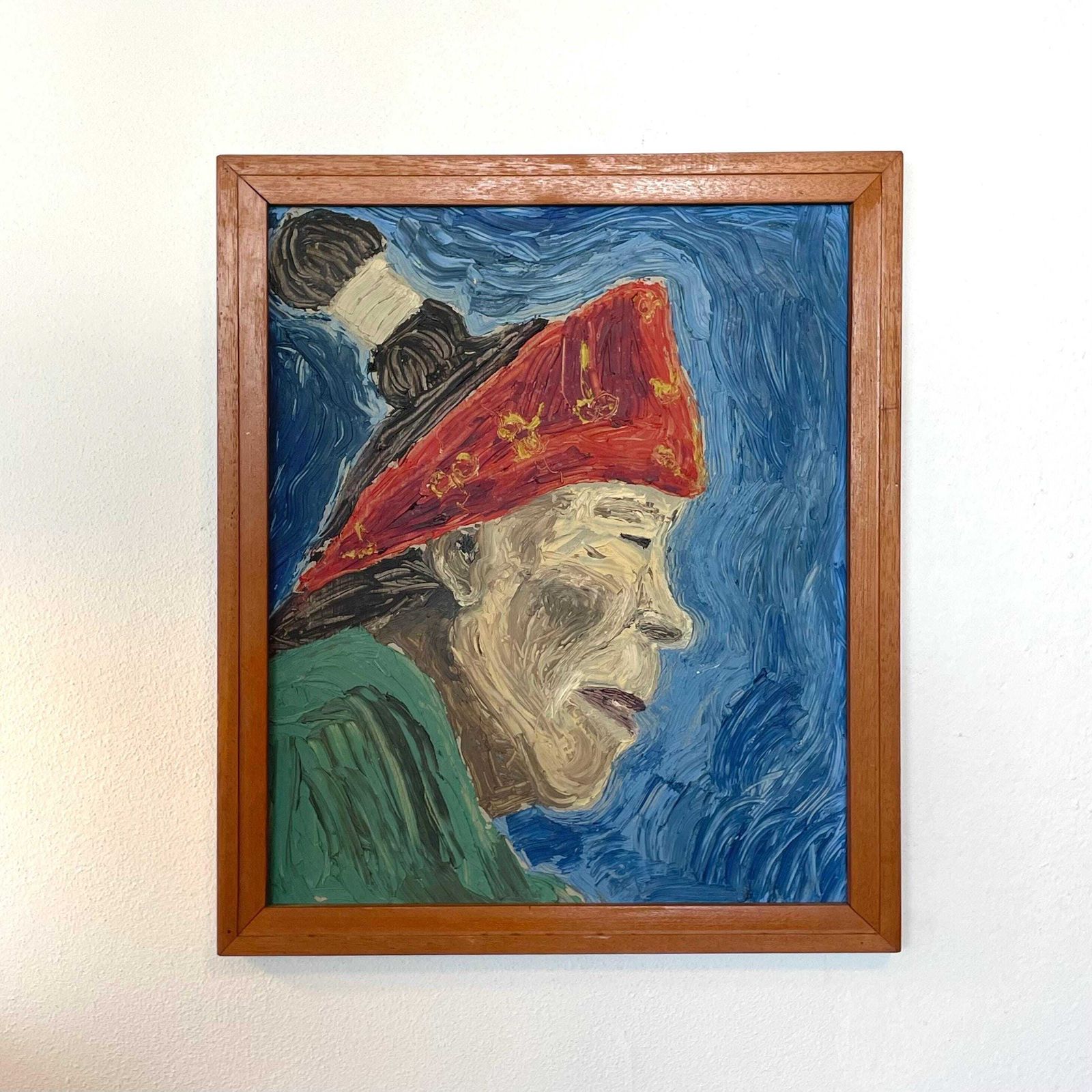 Unique Mid Century Expressionist Vintage Oil Painting From The 1970s With Portrait Motive In Strong Colours Framed In Wooden Frame