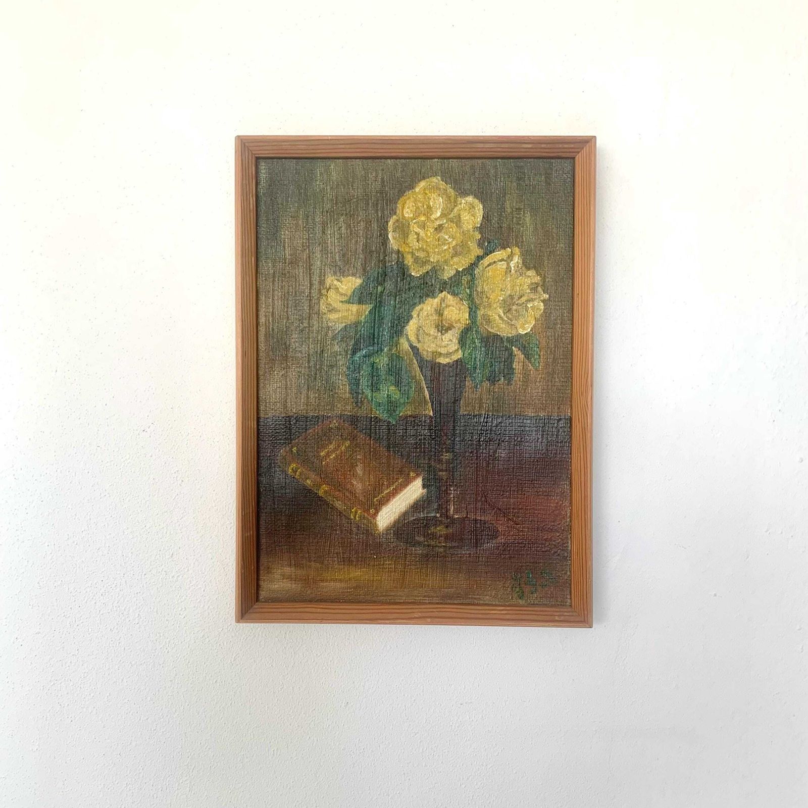 Mid Century Danish Vintage Signed Still Life Oil On Canvas Painting With Motive Of Vase With Flowers And A Book
