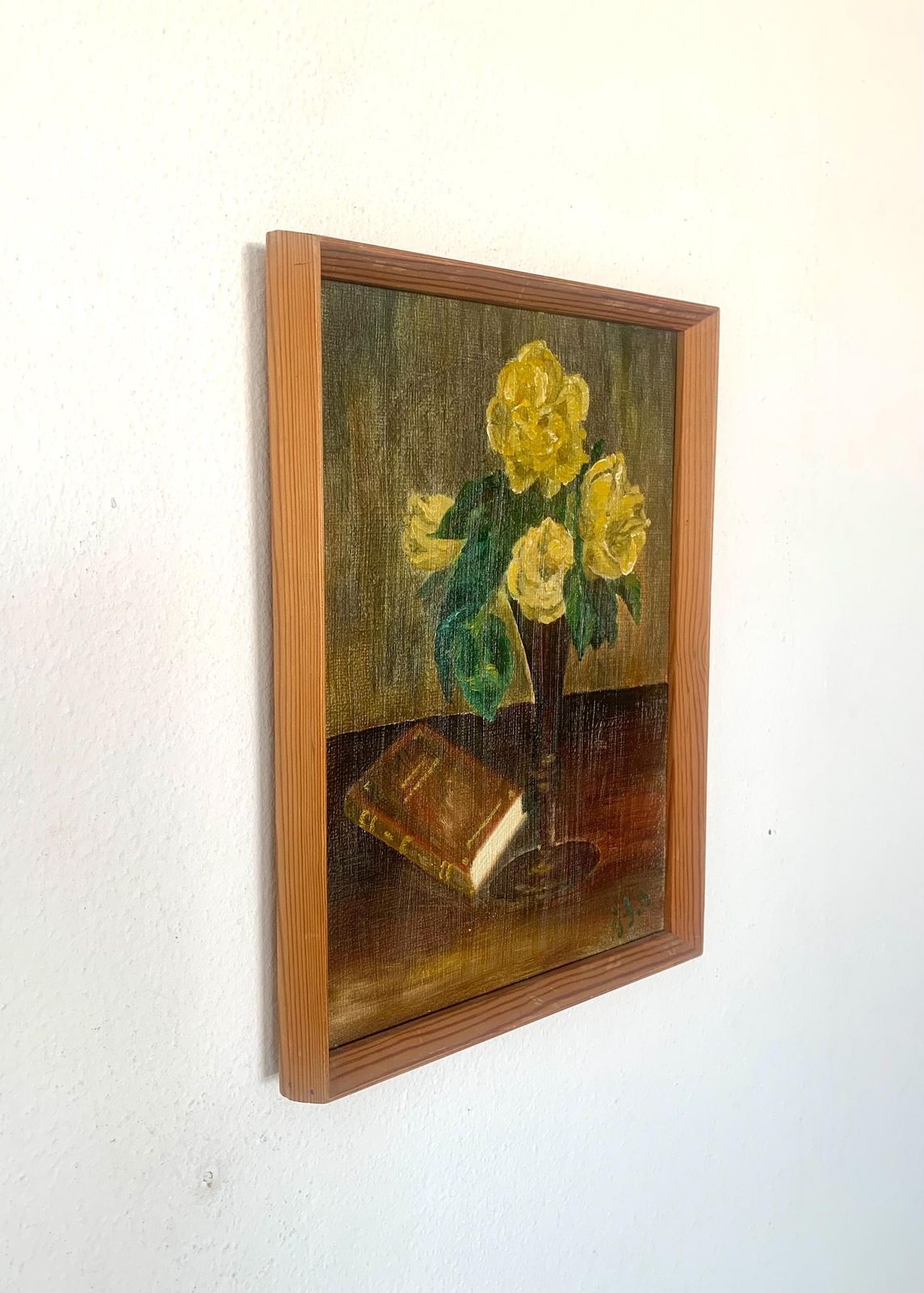 Mid Century Danish Vintage Signed Still Life Oil On Canvas Painting With Motive Of Vase With Flowers And A Book photo for sale