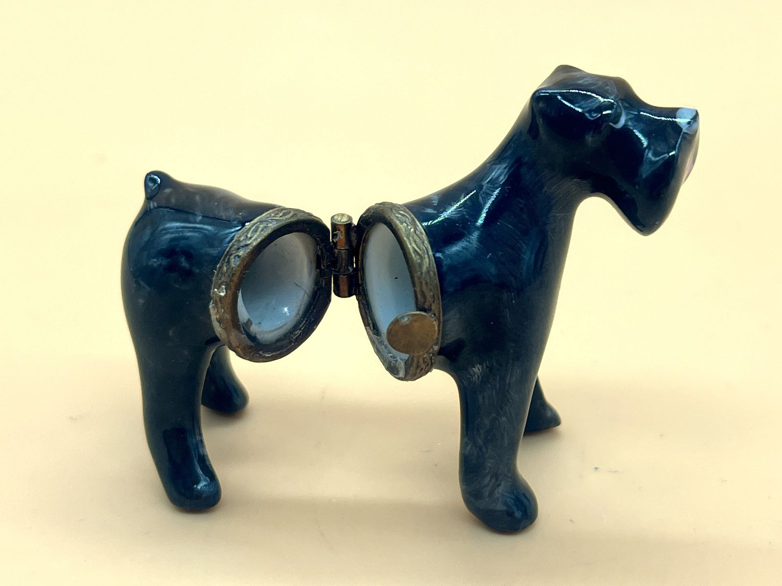 Peint Main Limoges Porcelain France Black Terrier Dog Shape Design Trinket / Jewelry Box.