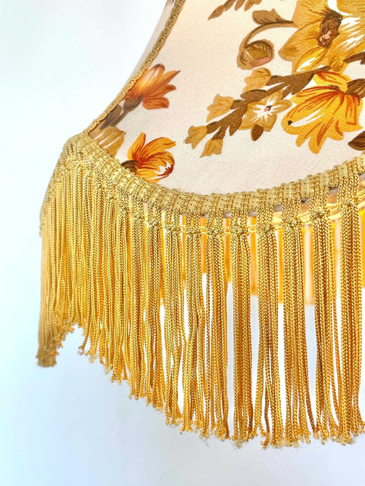 Beautiful Danish Vintage Mid Century Ceiling Lamp From The 1950s With Flower Pattern Fabric Shade And Golden Fringes photo for sale