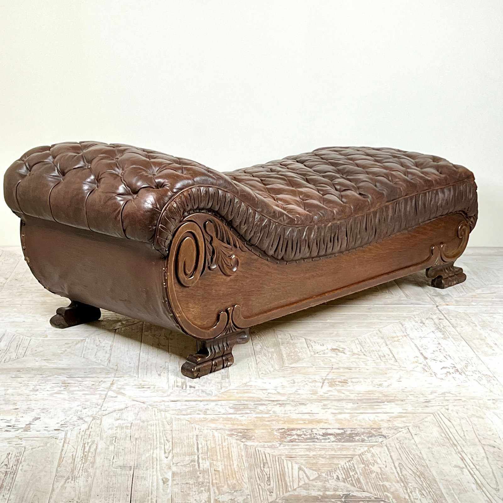 Large French C19th Antique Tufted Brown Leather Chaise Longue