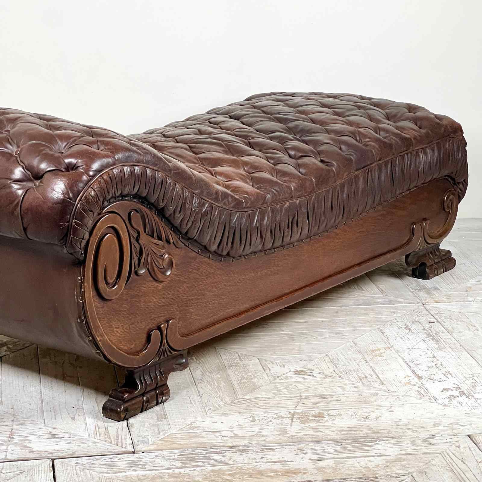 Large French C19th Antique Tufted Brown Leather Chaise Longue photo Furniture