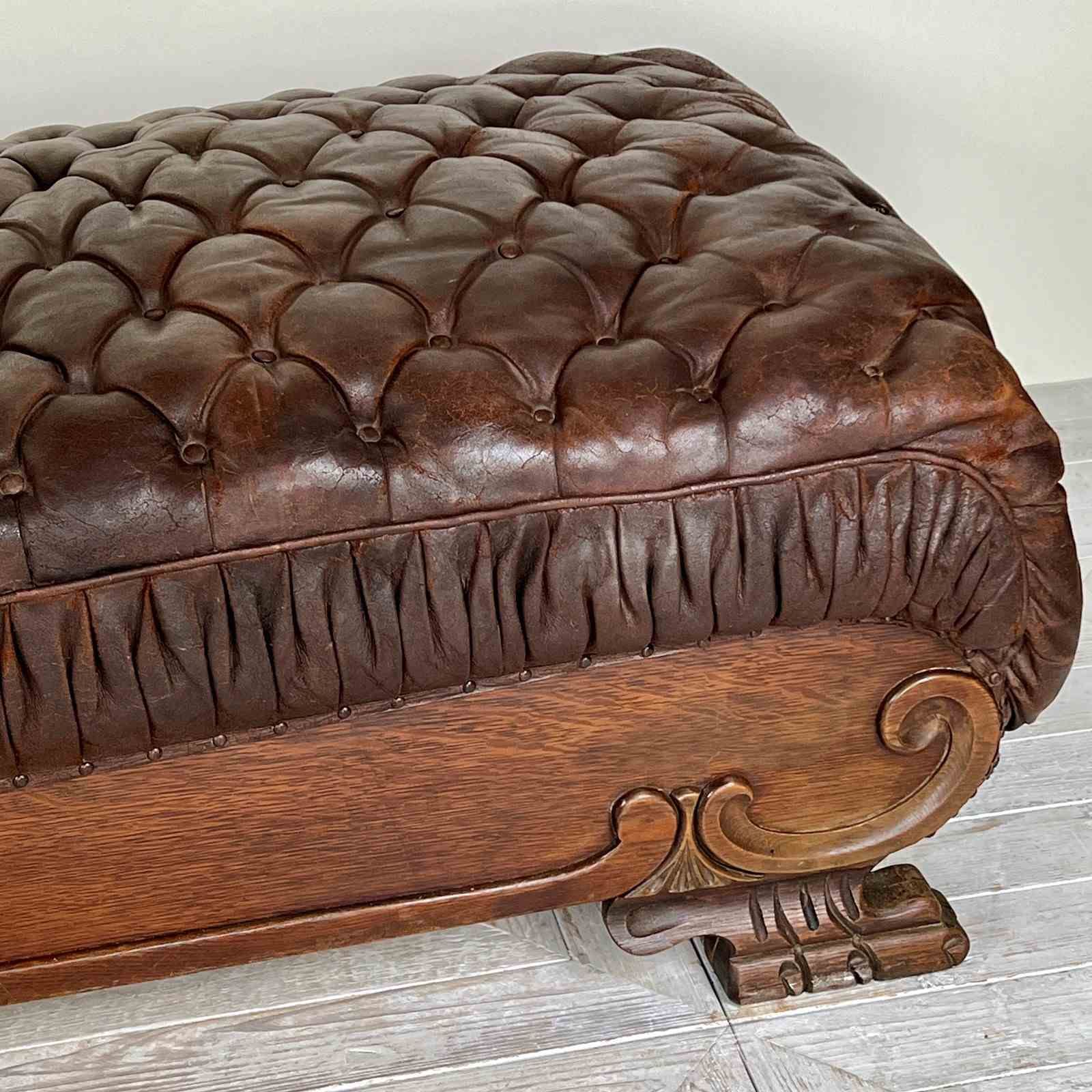 photo furniture Large French C19th Antique Tufted Brown Leather Chaise Longue
