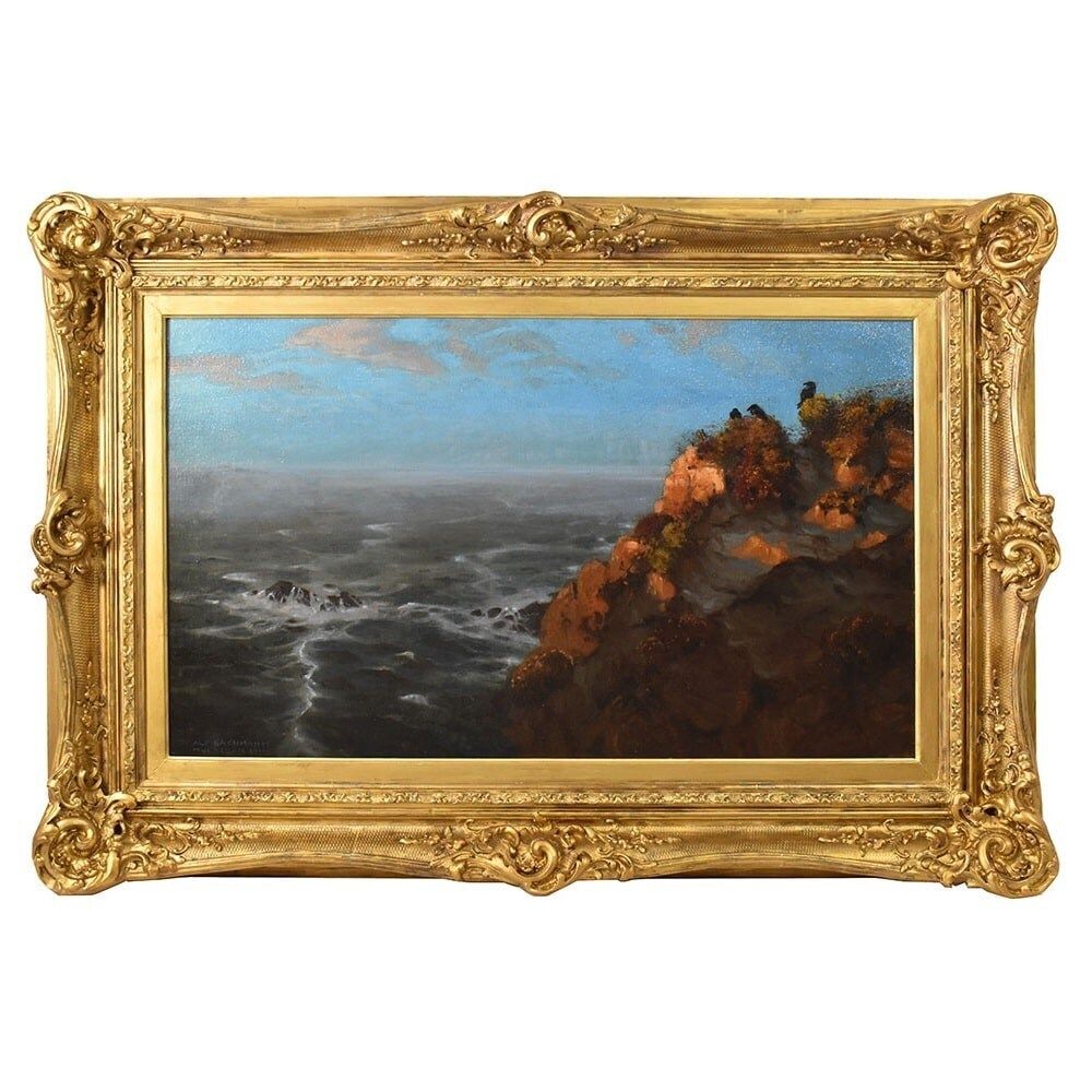 Antique Painting, Marine Painting, Large Marina With Black Ravens, 20th Century. (Qm606)