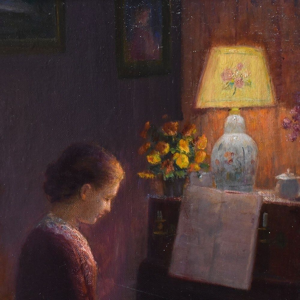 Antique Woman Portrait Painting, Young Woman Playing The Piano, Oil On Canvas, XX Century. (Qr574) photo 1600.0