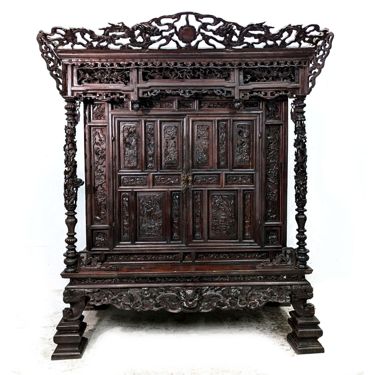 Large Indochinese Cabinet With Exotic Wood Dragon Decoration