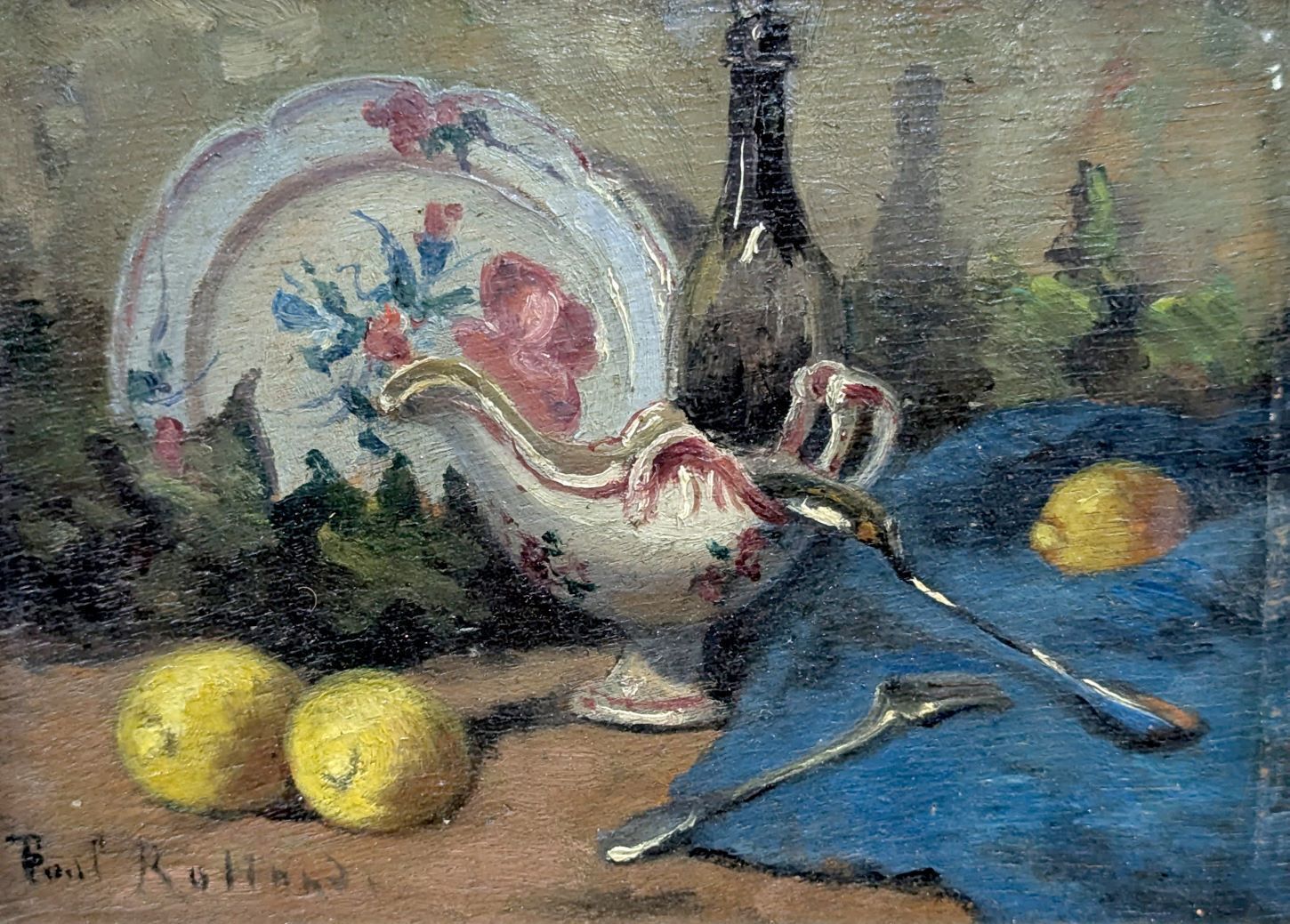 Paul Rolland (Active Mid 20th Century) Still Life With Flowered Pitcher, Lemons And Blue Drapery photo furniture