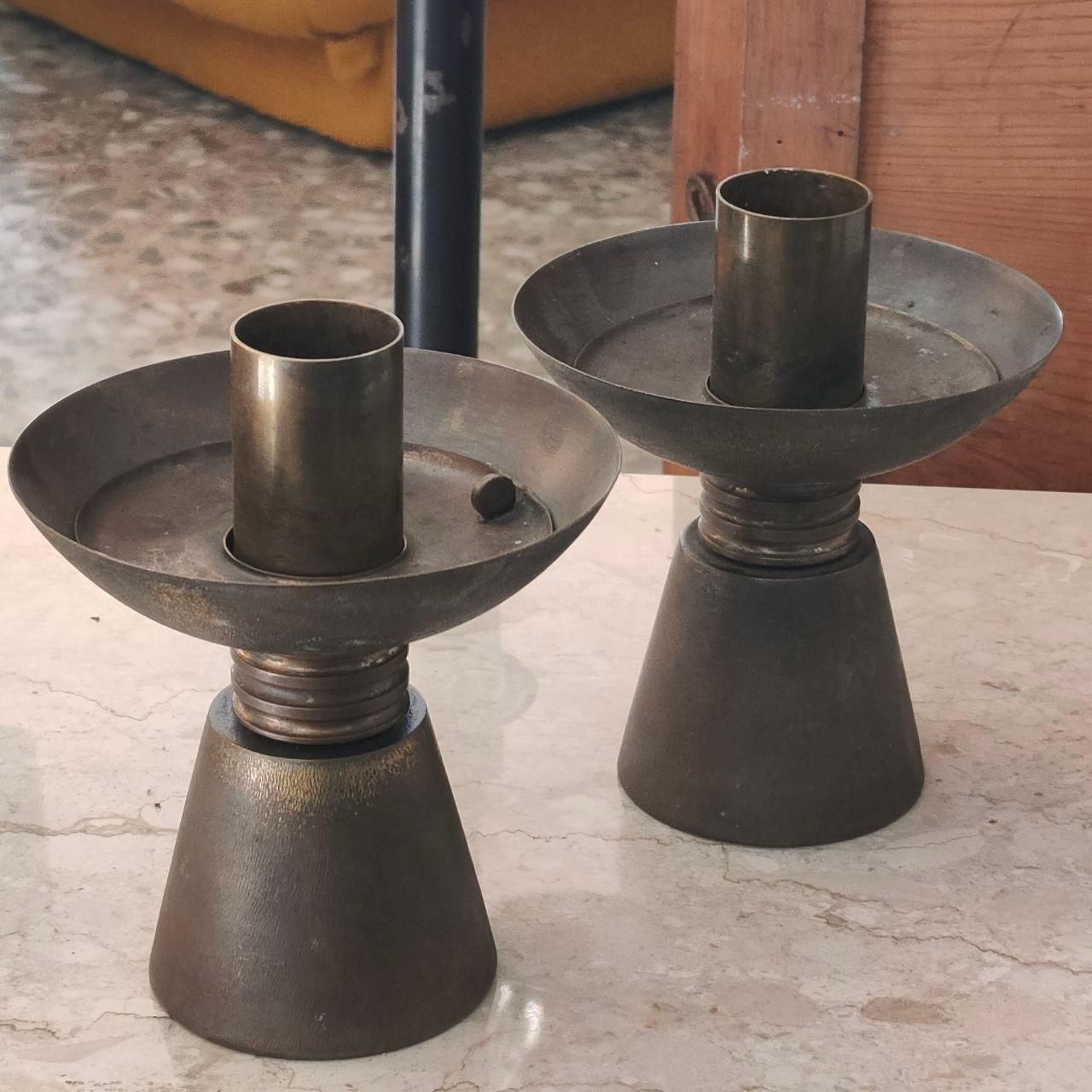 Pair Of 1930s Italian Art Deco Solid Brass Candelabras With Original Patina photo for sale