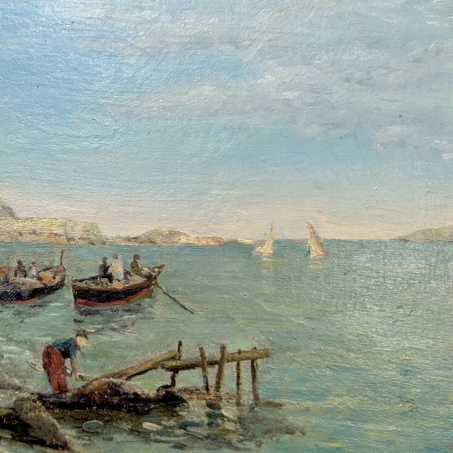 Oil On Canvas Mounted On Panel 1900 Italian Seascape Signed Palini photo for sale