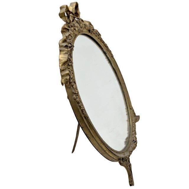 Louis XVI Style Oval Mirror In Gilded Bronze – Ribbon Bow Decoration And Floral Garlands – Late 19th / Early 20th Century photo furniture