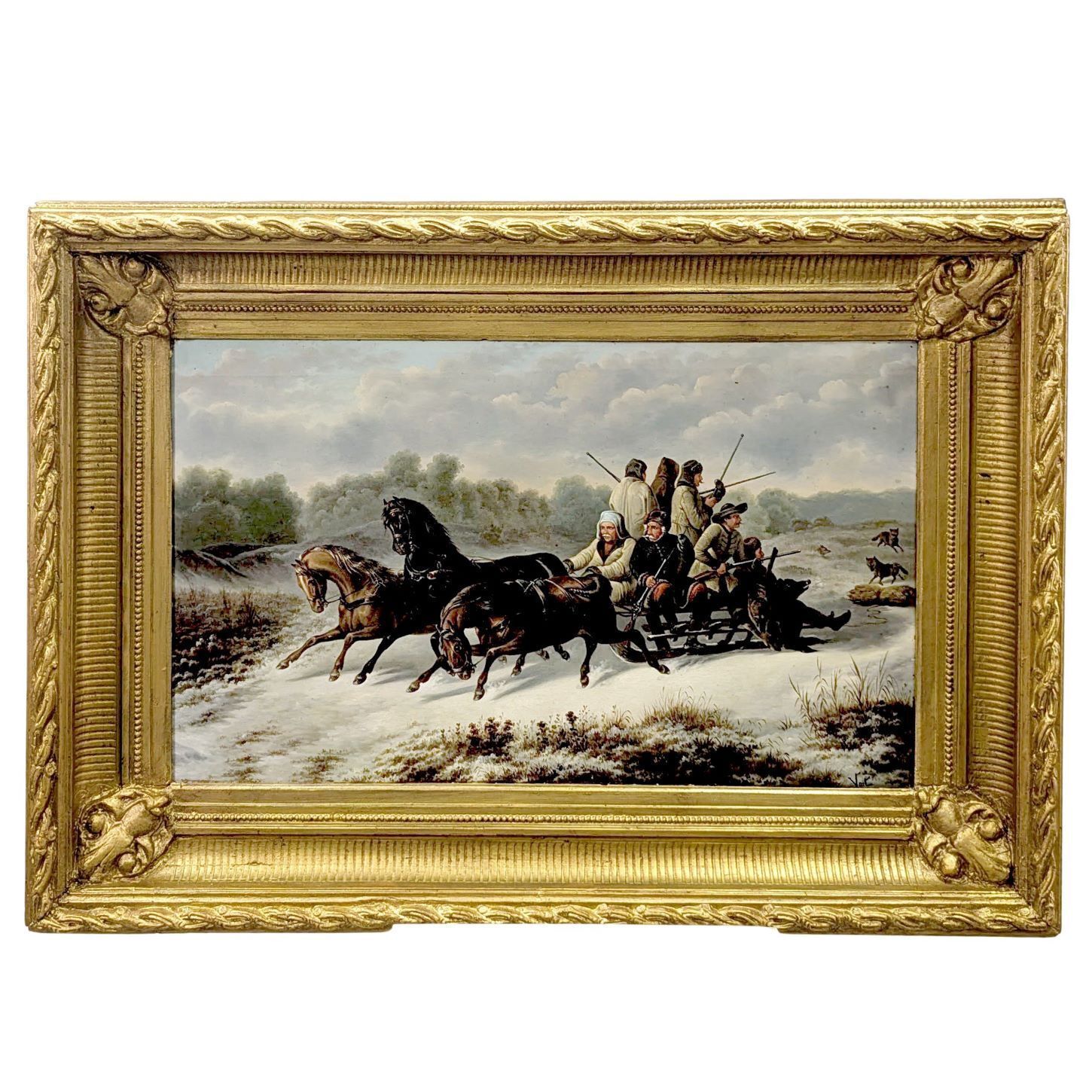 Russian School, Late 19th Century — "Wolf Hunt In A Sleigh" — Oil On Canvas In A Gilt Frame Signed Vait