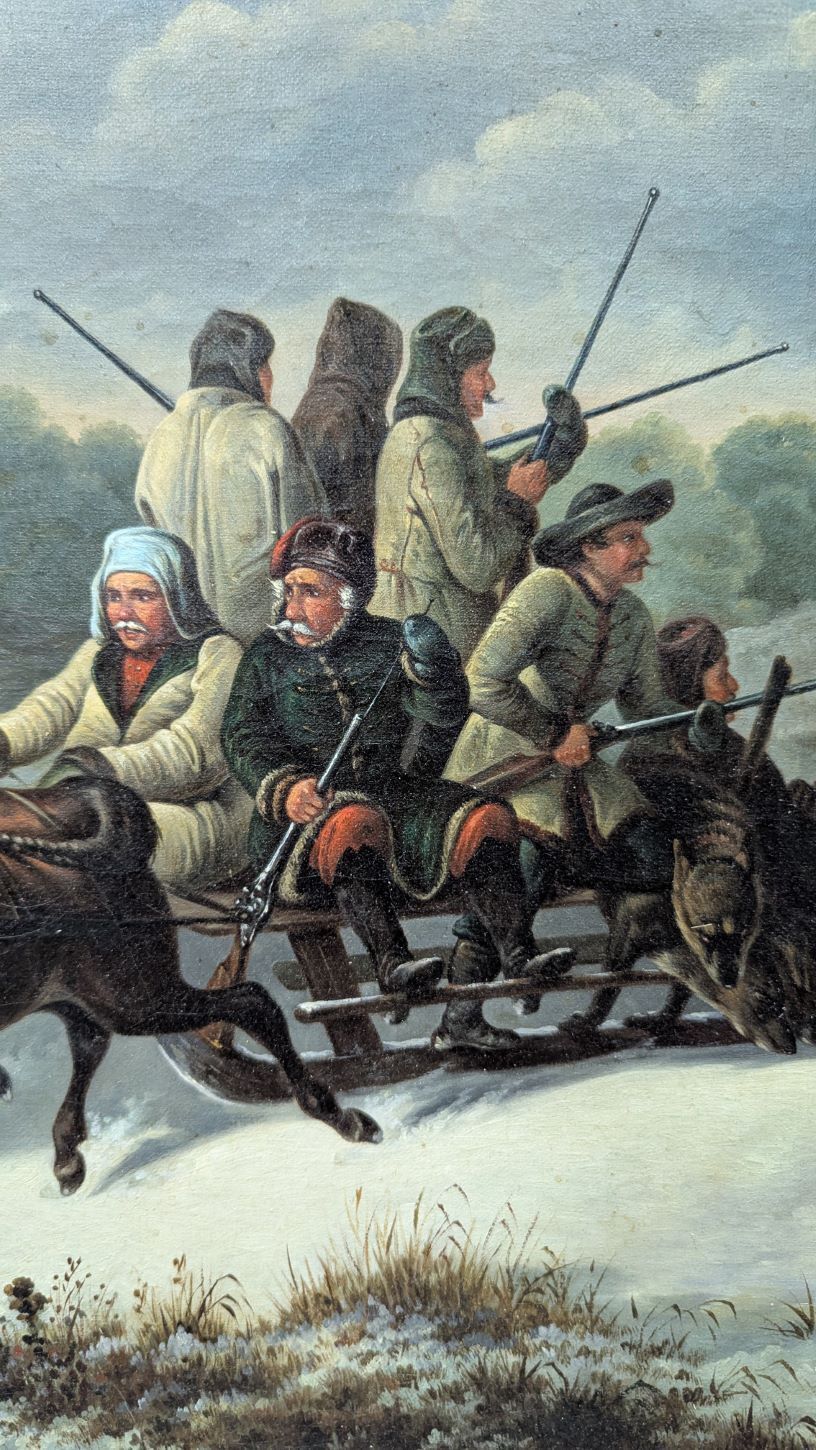 Russian School, Late 19th Century — "Wolf Hunt In A Sleigh" — Oil On Canvas In A Gilt Frame Signed Vait photo for sale
