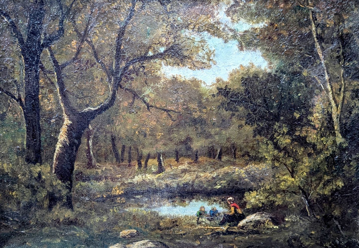 By Paul Vernon Oil On Canvas In The Style Of The Barbizon School Lively Wooded Scene At The Water's Edge 19th Century photo furniture