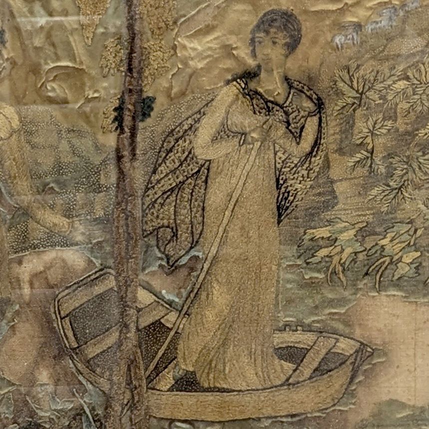 English Or French School, Late 18th – Early 19th Century Gallant Scene At The Water’s Edge – Embroidery On Silk photo for sale