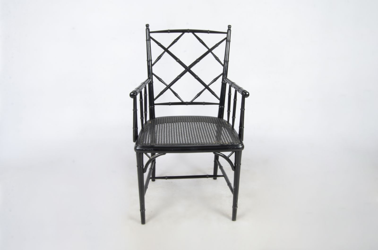 Set Of Eight Hollywood Regency Black Lacquered Rattan/Faux Bamboo Dining Chairs In The Manner Of Maison Jansen, France photo 6750.0