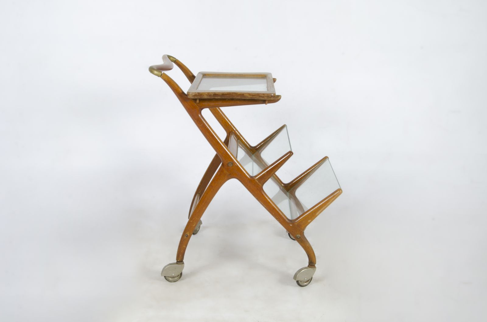 Mid 20th Century Modern Wood Serving Cart/Trolley With Removable Glass Trays Designed By Ico Parisi For Angelo De Baggis, Italy