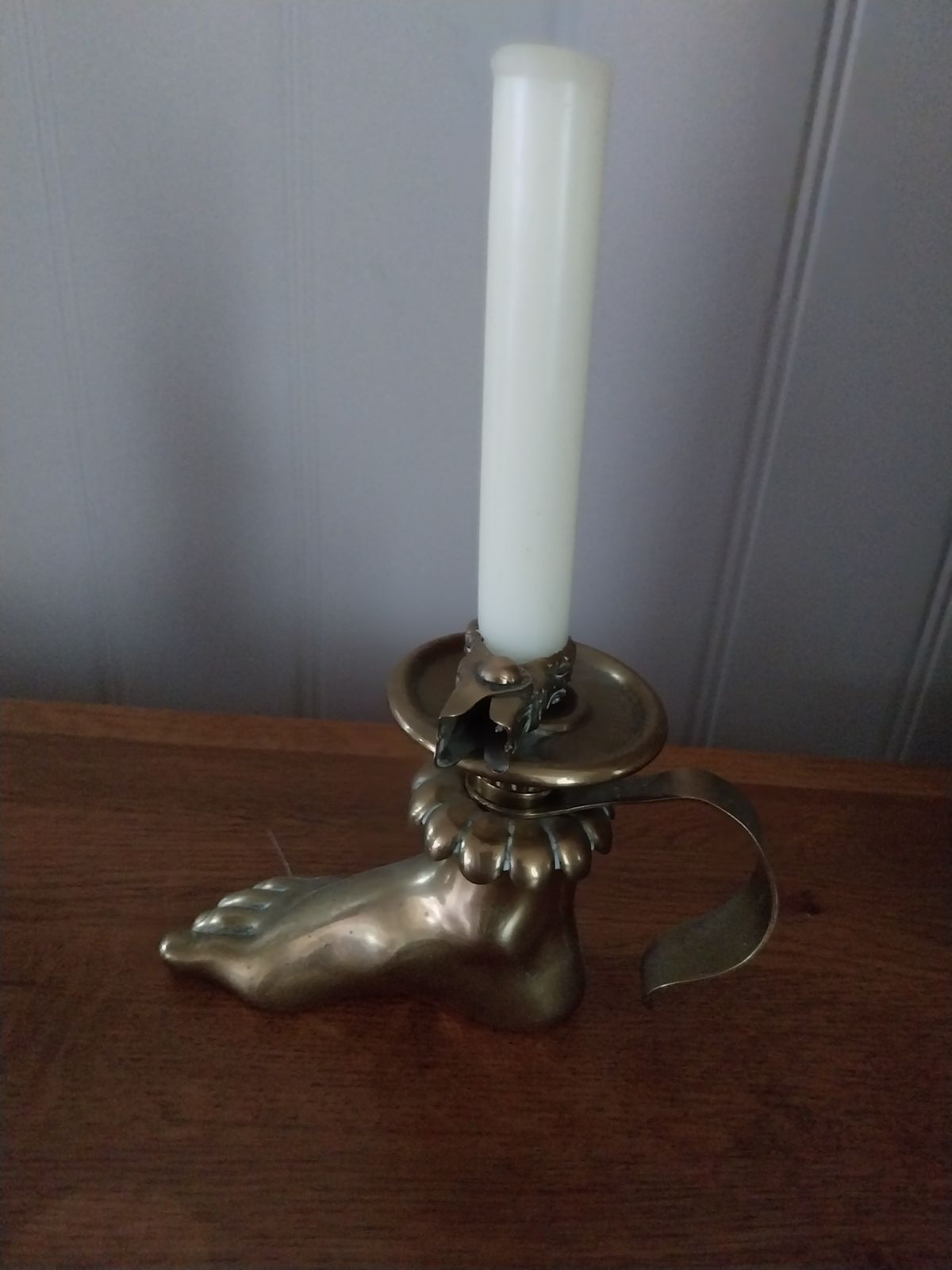 Rare Brass Candlesticks / Chamberstick In The Form Of A Foot. Randells Patent. 1896 photo Home Fixtures