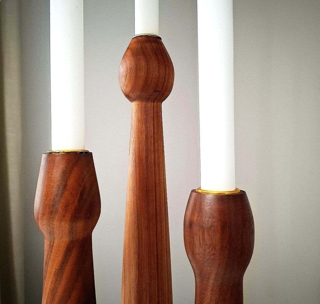 3 Scandinavian Teak Wood Candlesticks With Brass Inserts, Denmark, 1960s photo for sale