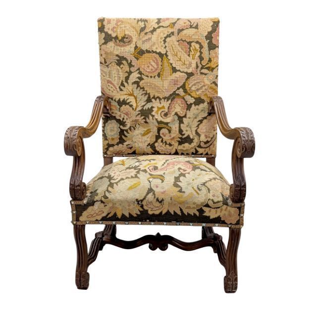 Louis XIII Style Armchair In Carved Walnut, Needlepoint Tapestry, Late 19th Century