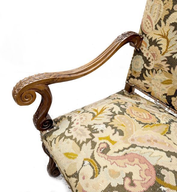 Louis XIII Style Armchair In Carved Walnut, Needlepoint Tapestry, Late 19th Century photo Furniture