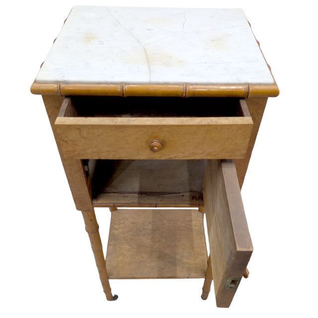 Light Wood Bedside Table In Faux Bamboo Style, Napoleon III Period – White Marble photo Furniture