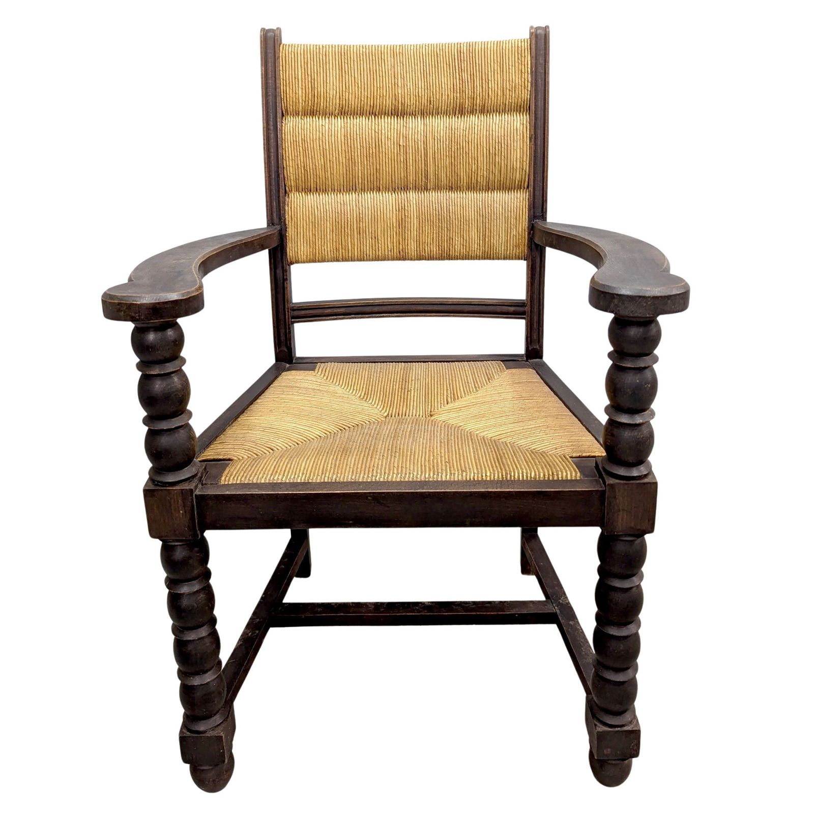 Series Of 4 Armchairs In Turned Wood And Straw By Charles Dudouyt