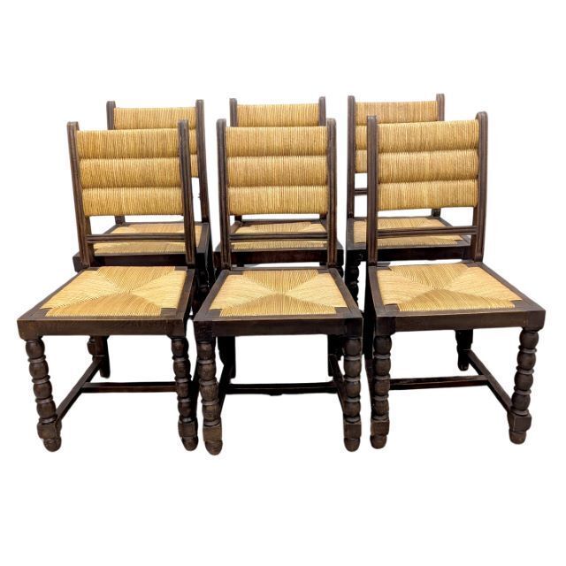Series Of 6 Turned Wood And Straw Chairs By Charles Dudouyt photo furniture