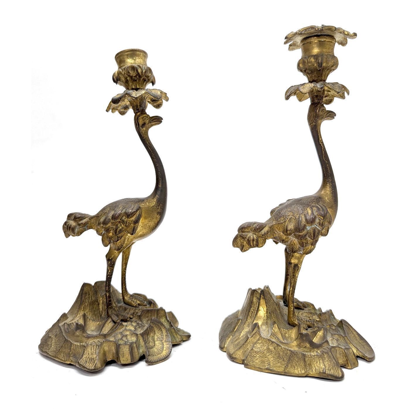 Pair Of 19th Century Gilt Bronze Candlesticks With Ostriches photo for sale
