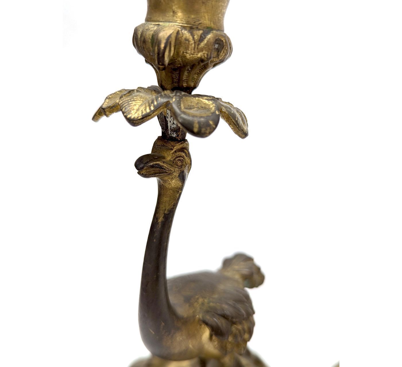 Pair Of 19th Century Gilt Bronze Candlesticks With Ostriches photo vinterior