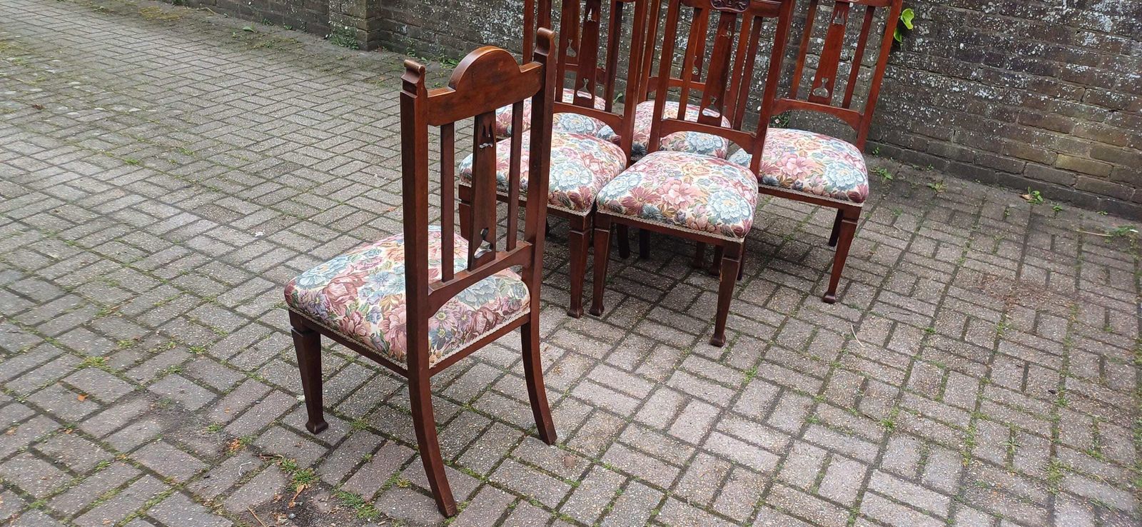 Set Of 6 Antique Carved Walnut Dining Chairs With Floral Tapestry Seats Art Nouveau High End Quality photo vintage