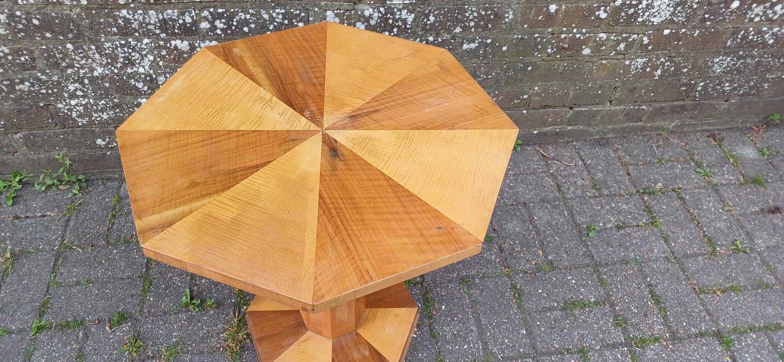 Art Deco Handcrafted Wooden Pedestal Table – Octagonal Sunburst Veneer Top, Vintage Side Or Display Table Free Hand Delivery