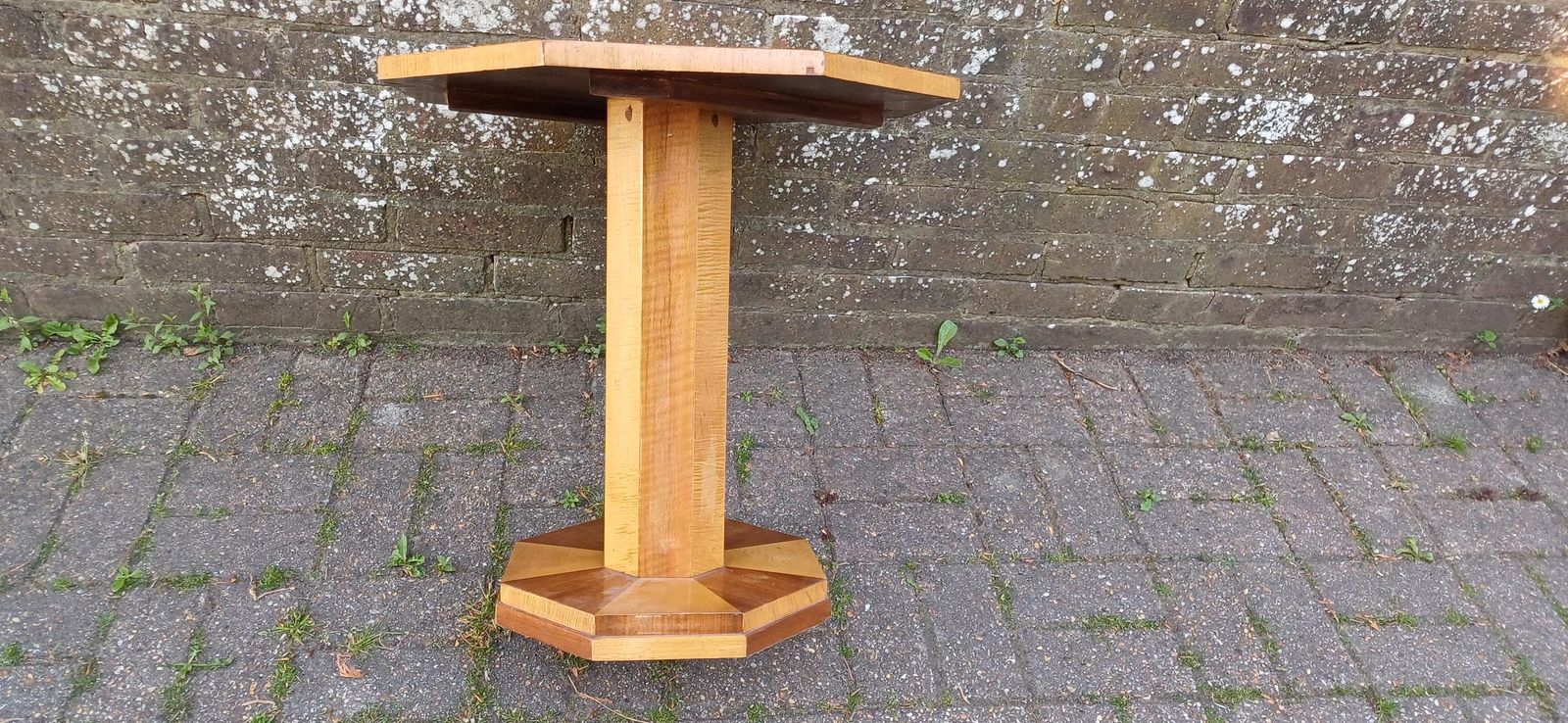 Art Deco Handcrafted Wooden Pedestal Table – Octagonal Sunburst Veneer Top, Vintage Side Or Display Table Free Hand Delivery photo buy