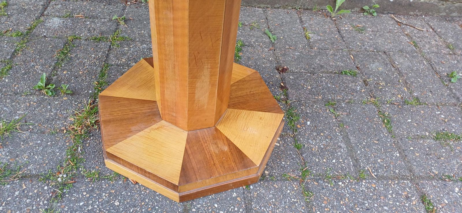 Art Deco Handcrafted Wooden Pedestal Table – Octagonal Sunburst Veneer Top, Vintage Side Or Display Table Free Hand Delivery photo vintage