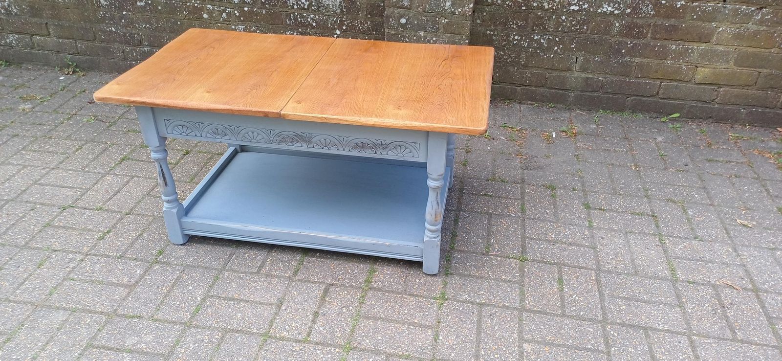 photo for sale Rustic Grey Painted Coffee Table With Oak Veneer Top Sliding Storage Vintage Style With Danish Oil Finish Blue Grey Free Hand Delivery