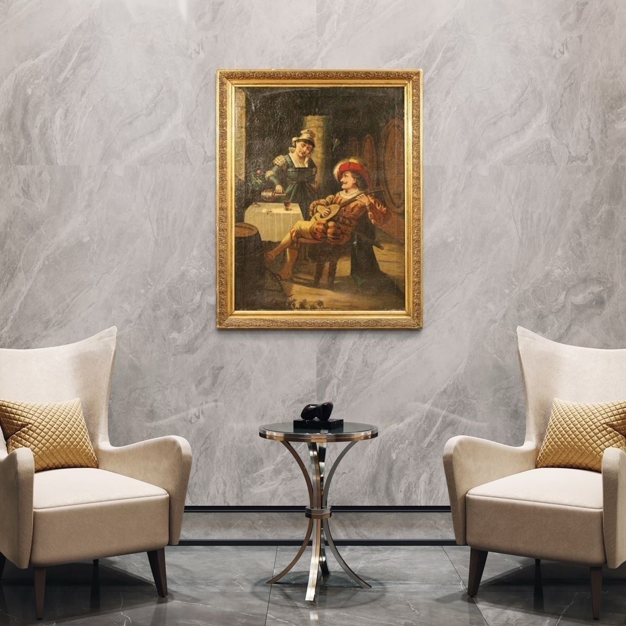 Italian Painting Interior Scene With Musician Oil On Canvas