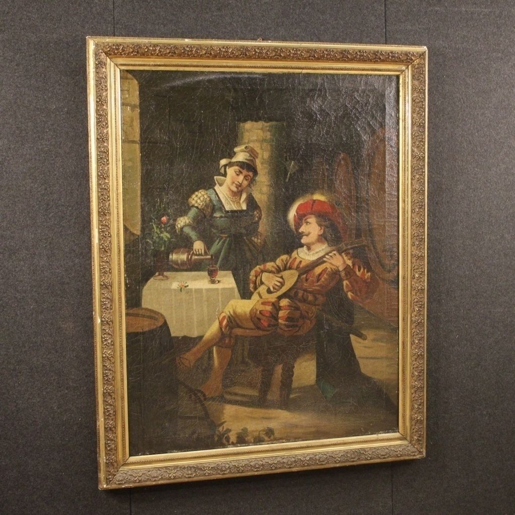 photo for sale Italian Painting Interior Scene With Musician Oil On Canvas
