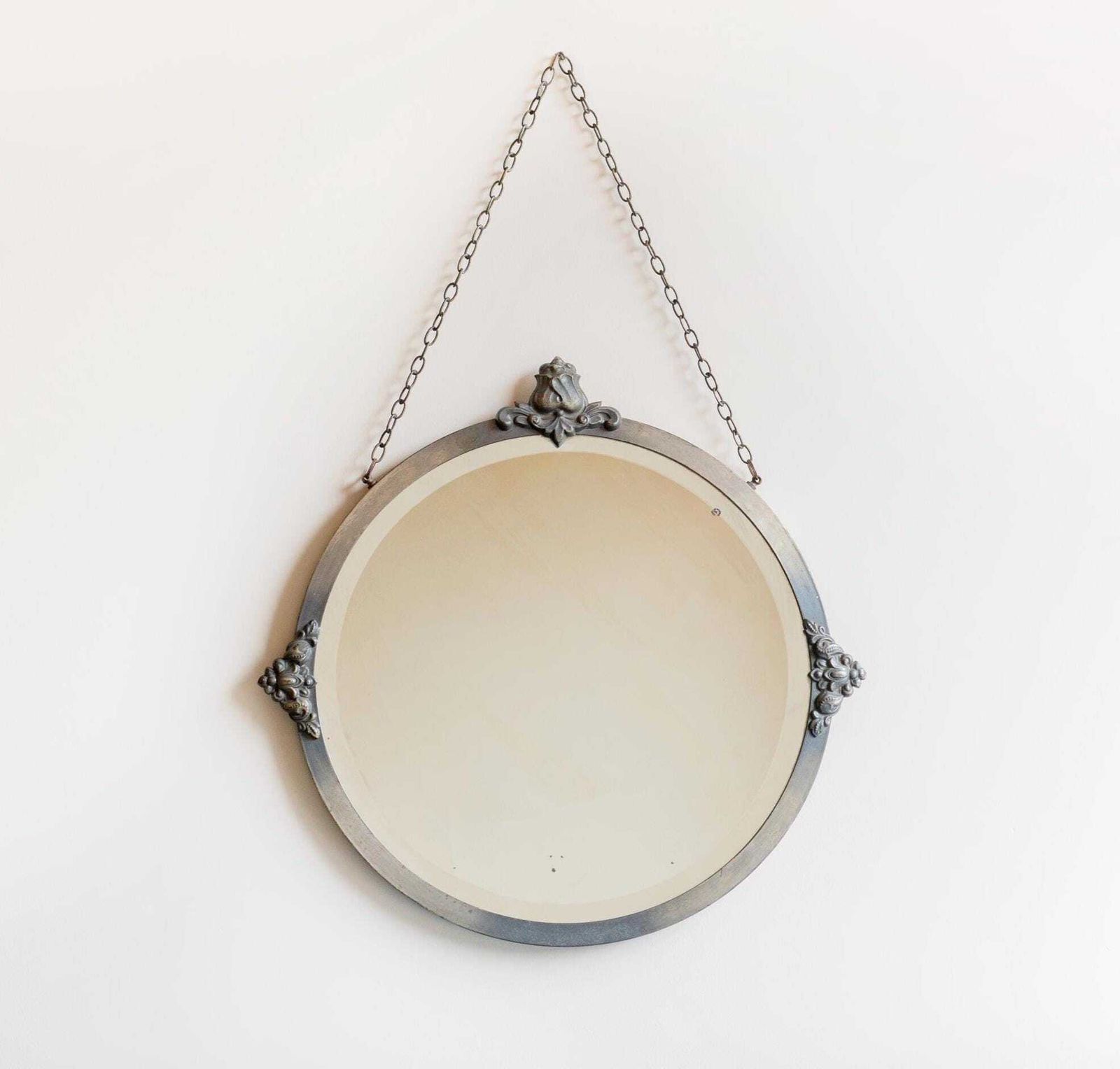 Art Deco Mirror With Hanging Chain   Antique Silver Round Wall Mirror   Beveled Glass   1930s Design   Gothic Revival