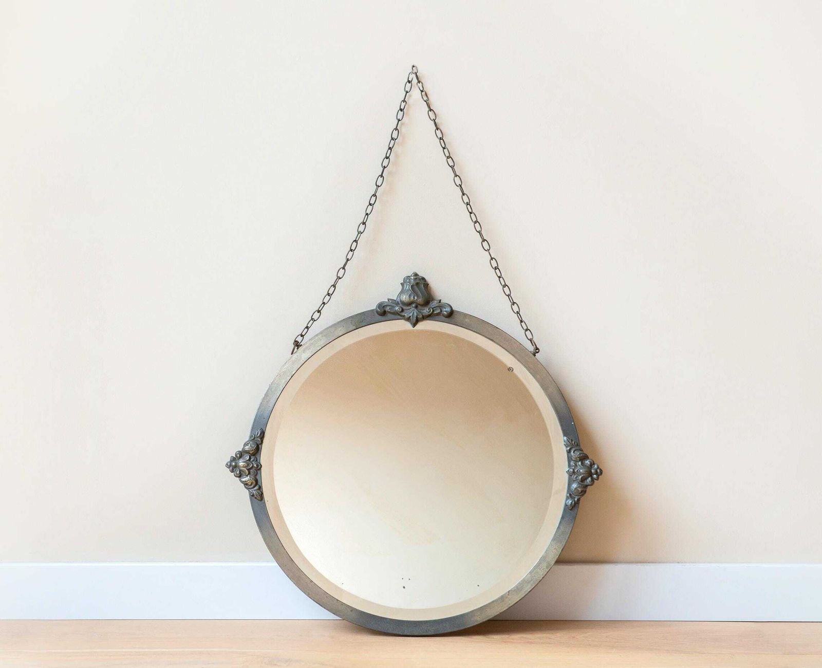 Art Deco Mirror With Hanging Chain   Antique Silver Round Wall Mirror   Beveled Glass   1930s Design   Gothic Revival photo furniture