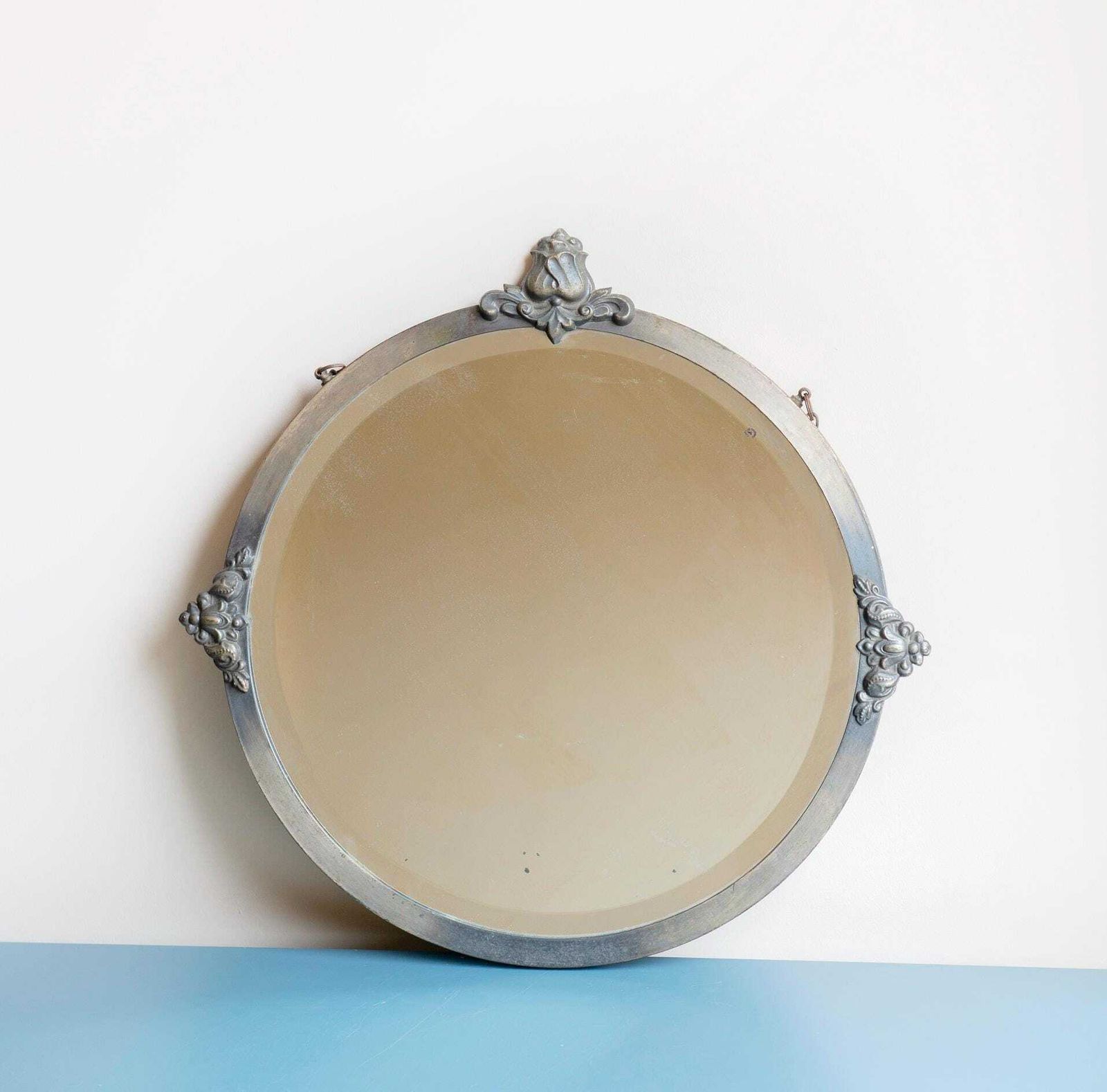 Art Deco Mirror With Hanging Chain   Antique Silver Round Wall Mirror   Beveled Glass   1930s Design   Gothic Revival photo 250.0
